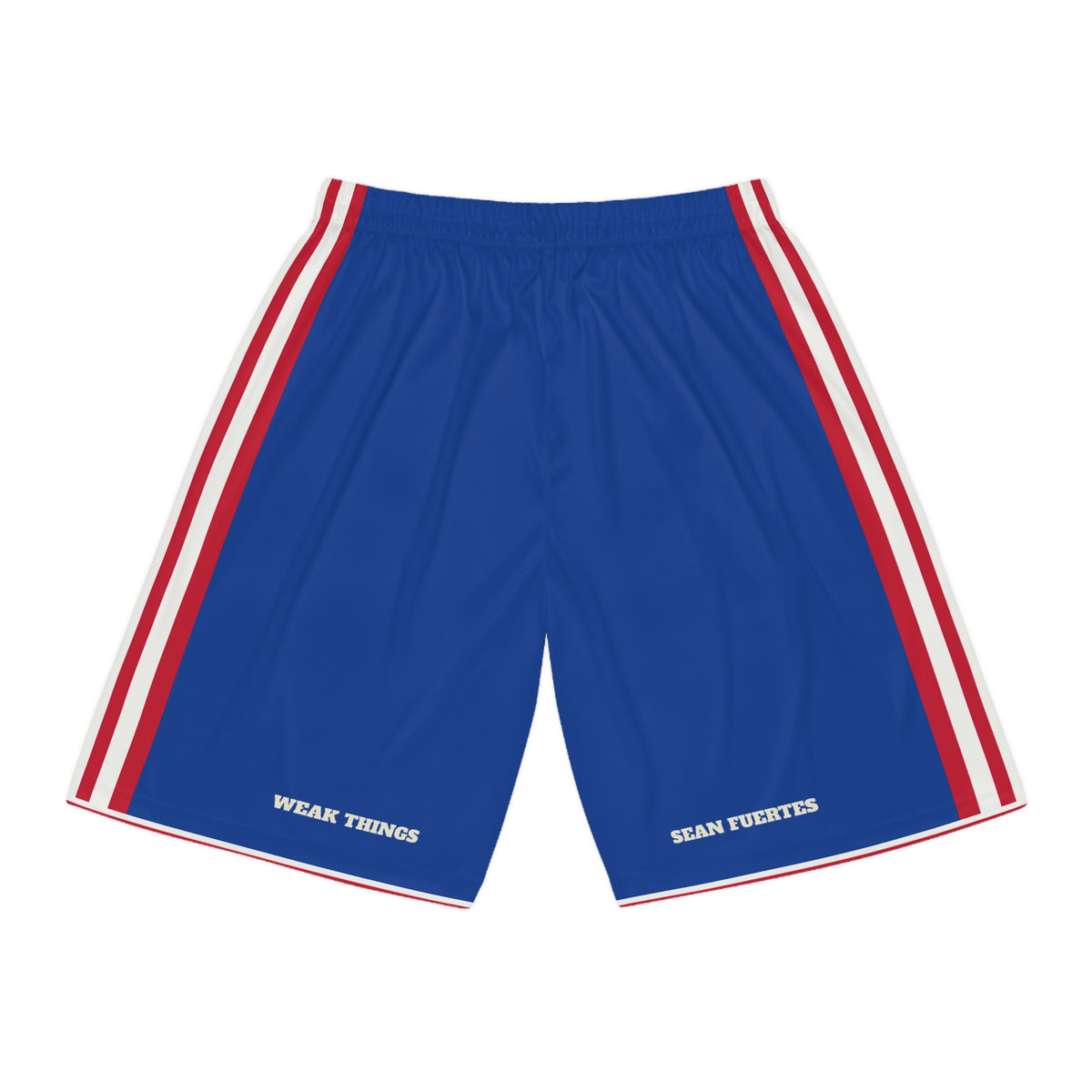 Paraguay Asuncion South Mission Basketball Shorts, back view with WEAK THINGS and SEAN FUERTES on the legs