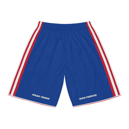 Paraguay Asuncion South Mission Basketball Shorts, back view with WEAK THINGS and SEAN FUERTES on the legs