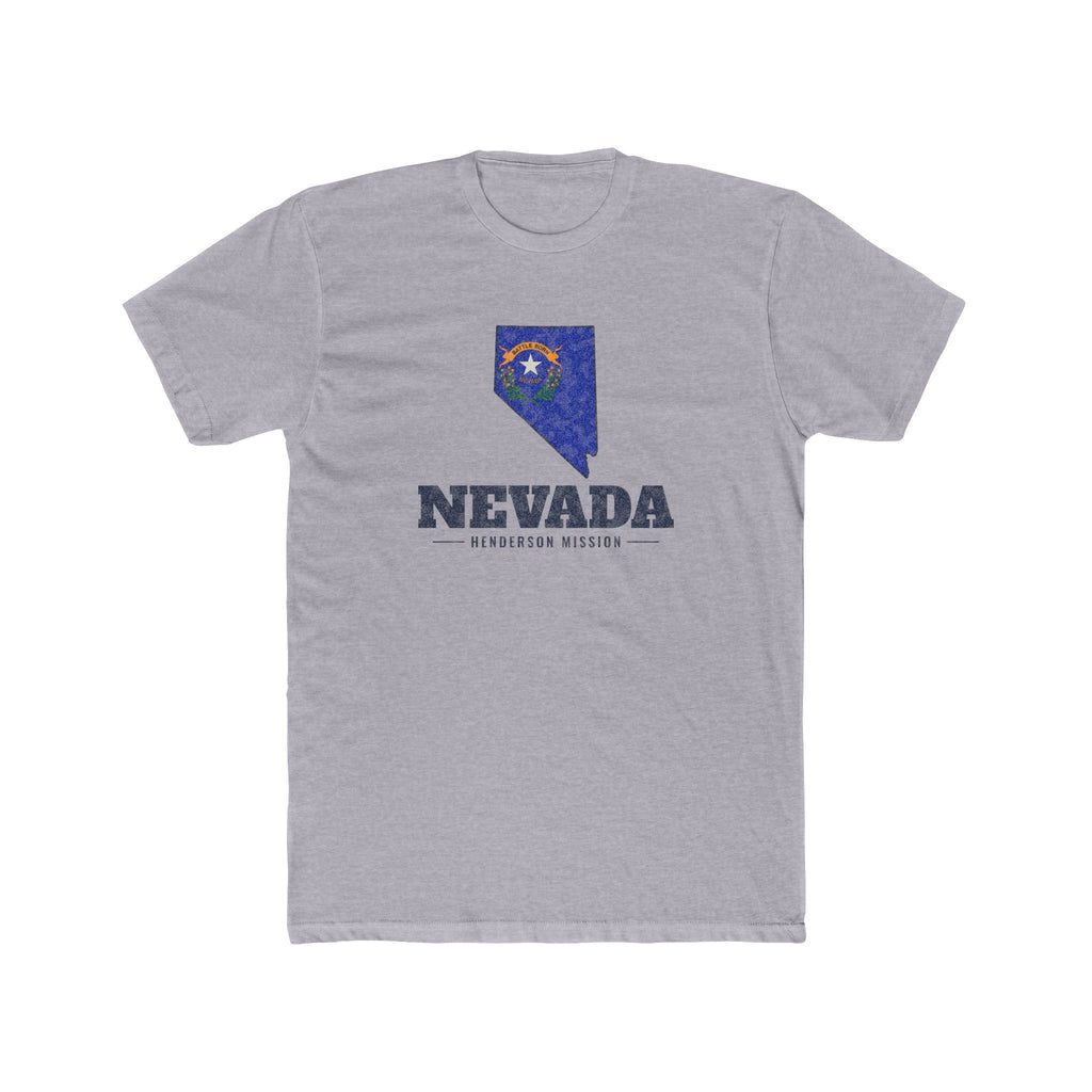 Nevada Henderson Mission Flag Map shirt in Heather Grey: Nevada state flag in the outline of Nevada with navy lettering, front view