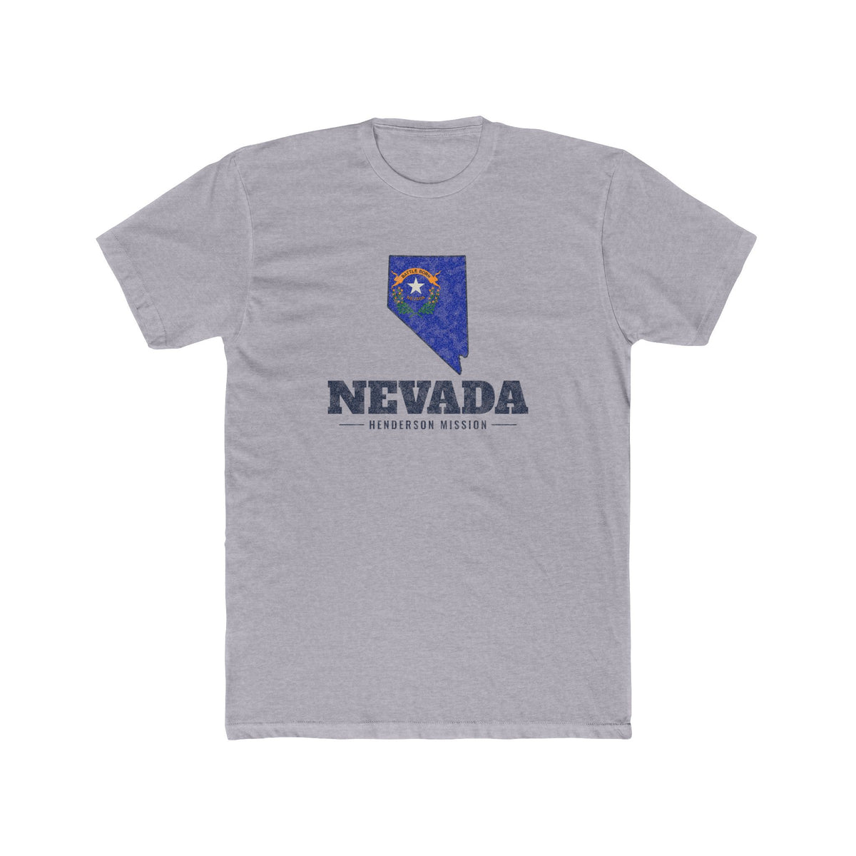 Nevada Henderson Mission Flag Map shirt in Heather Grey: Nevada state flag in the outline of Nevada with navy lettering, front view