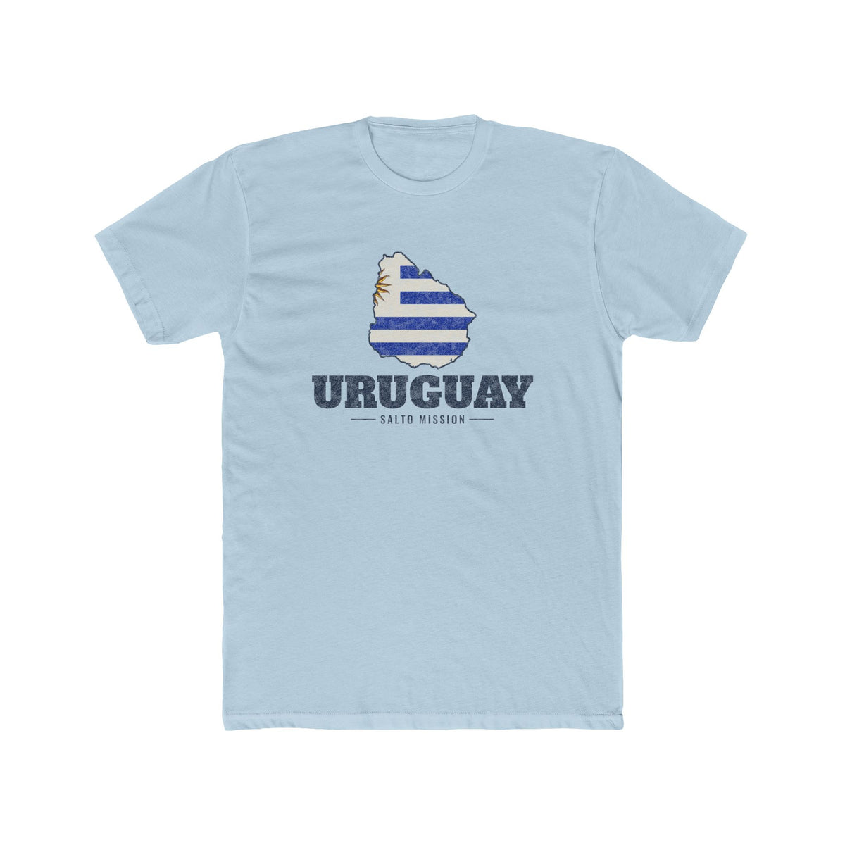 Uruguay Salto Mission Flag Map shirt in Desert Pink: flag of Uruguay in the outline of Uruguay with navy lettering, front view