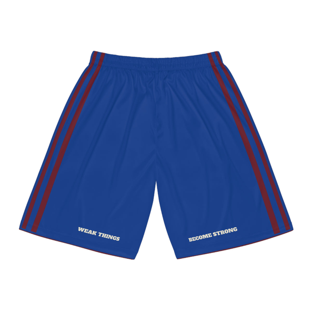 Michigan Detroit Mission Basketball Shorts, back view with WEAK THINGS and BECOME STRONG on the legs
