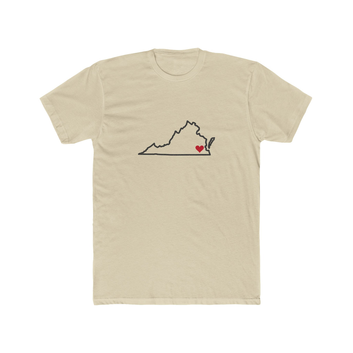 Virginia Norfolk Mission Heart Map shirt in Cream: Virginia outline with a red heart, front view
