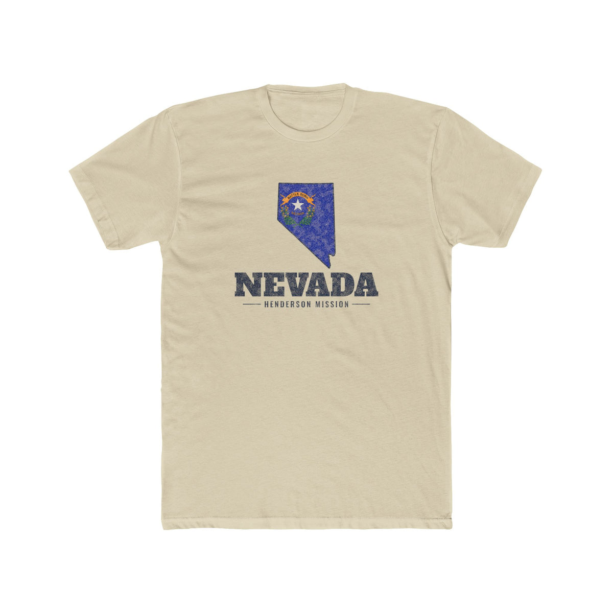 Nevada Henderson Mission Flag Map shirt in Cream: Nevada state flag in the outline of Nevada with navy lettering, front view