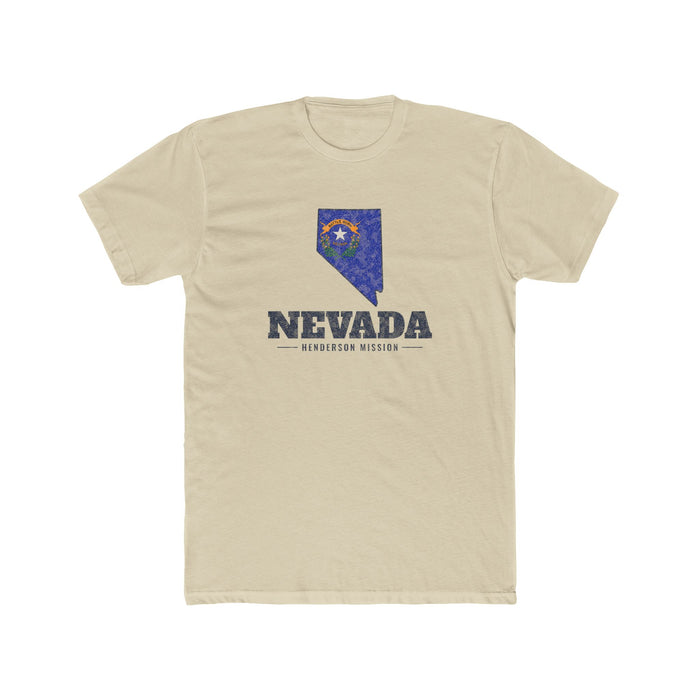 Nevada Henderson Mission Flag Map shirt in Cream: Nevada state flag in the outline of Nevada with navy lettering, front view