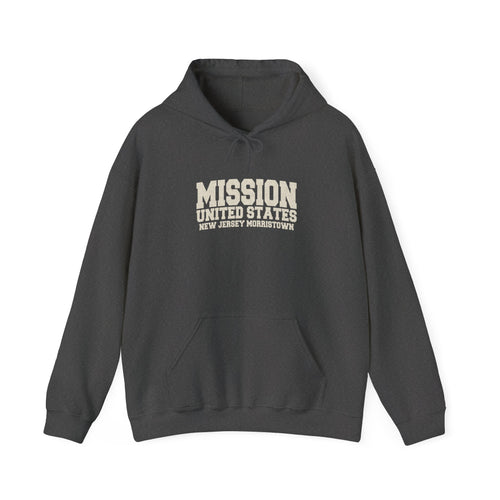 New Jersey Morristown Mission Hoodie in Dark Heather, front view with the varsity mission design