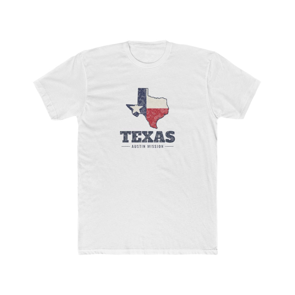 Texas Austin Mission Flag Map shirt in White: Texas state flag in the outline of Texas with navy lettering, front view