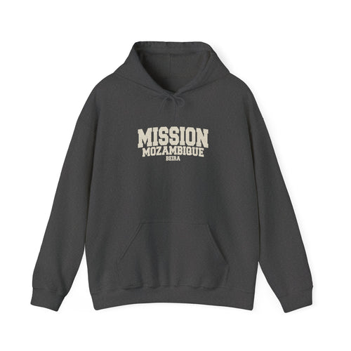 Mozambique Beira Mission Hoodie in Dark Heather, front view with the varsity mission design