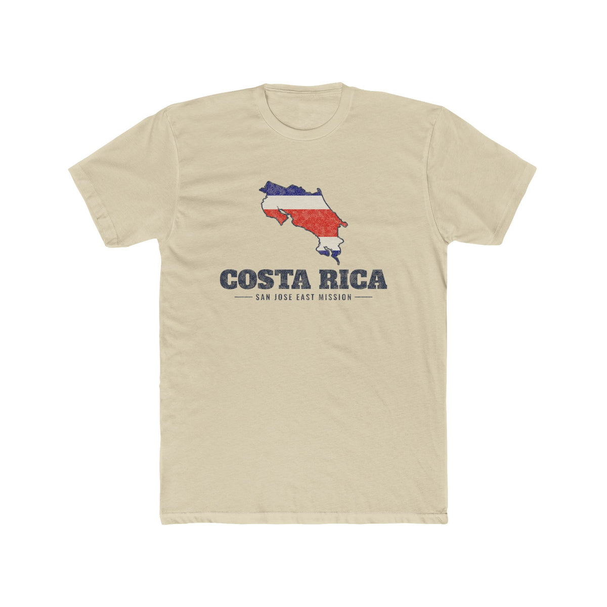 Costa Rica San Jose East Mission Flag Map shirt in Cream: flag of Costa Rica in the outline of Costa Rica with navy lettering, front view