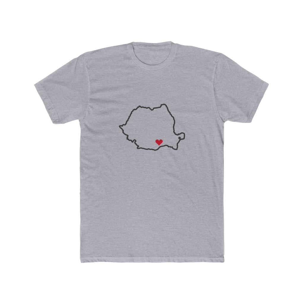 Romania Bucharest Mission Heart Map shirt in Heather Grey: Romania outline with a red heart, front view