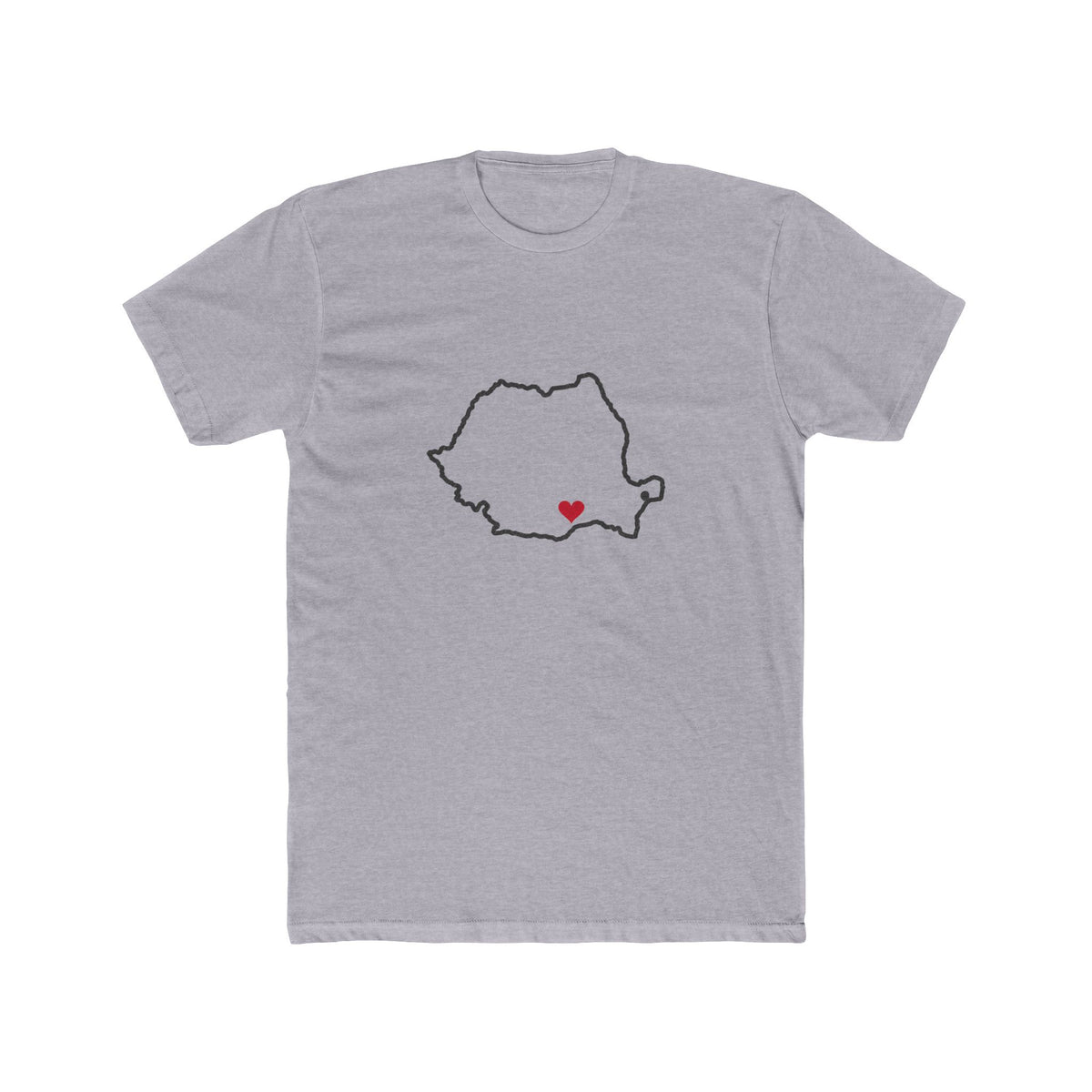 Romania Bucharest Mission Heart Map shirt in Heather Grey: Romania outline with a red heart, front view