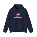 Arkansas Bentonville Mission Flag Map Hoodie in Navy, front view with the flag map and mission name