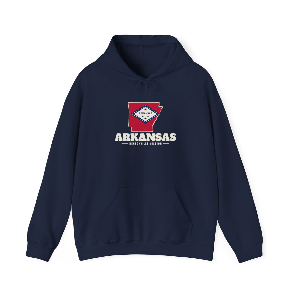 Arkansas Bentonville Mission Flag Map Hoodie in Navy, front view with the flag map and mission name