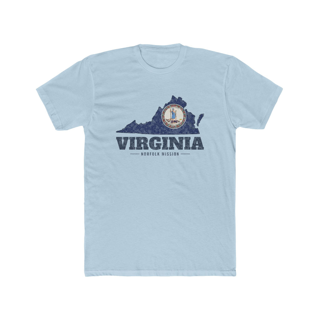 Virginia Norfolk Mission Flag Map shirt in Desert Pink: Virginia state flag in the outline of Virginia with navy lettering, front view