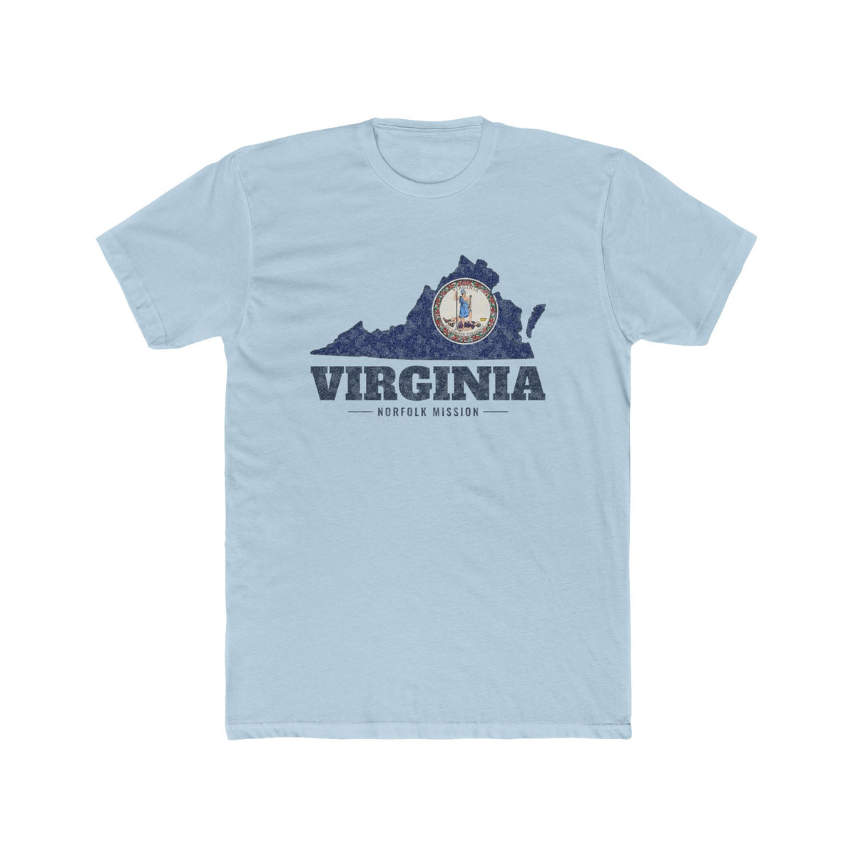 Virginia Norfolk Mission Flag Map shirt in Desert Pink: Virginia state flag in the outline of Virginia with navy lettering, front view
