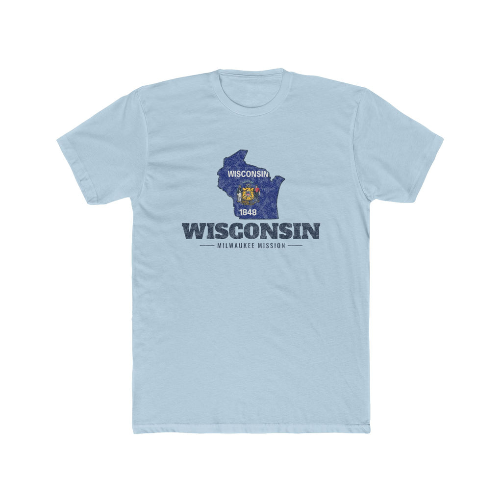 Wisconsin Milwaukee Mission Flag Map shirt in Desert Pink: Wisconsin state flag in the outline of Wisconsin with navy lettering, front view