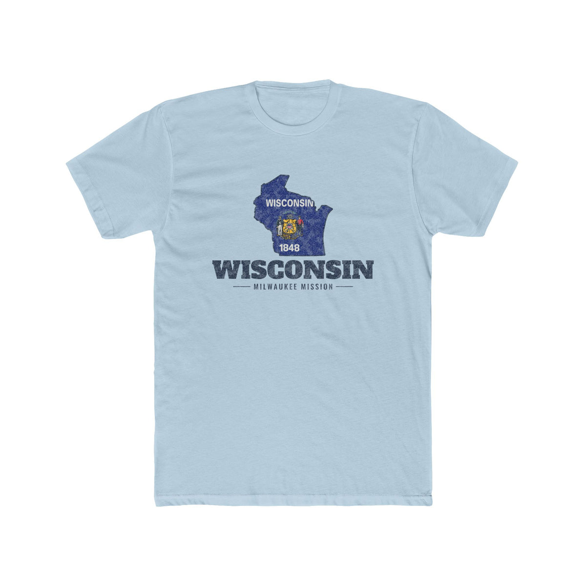 Wisconsin Milwaukee Mission Flag Map shirt in Desert Pink: Wisconsin state flag in the outline of Wisconsin with navy lettering, front view