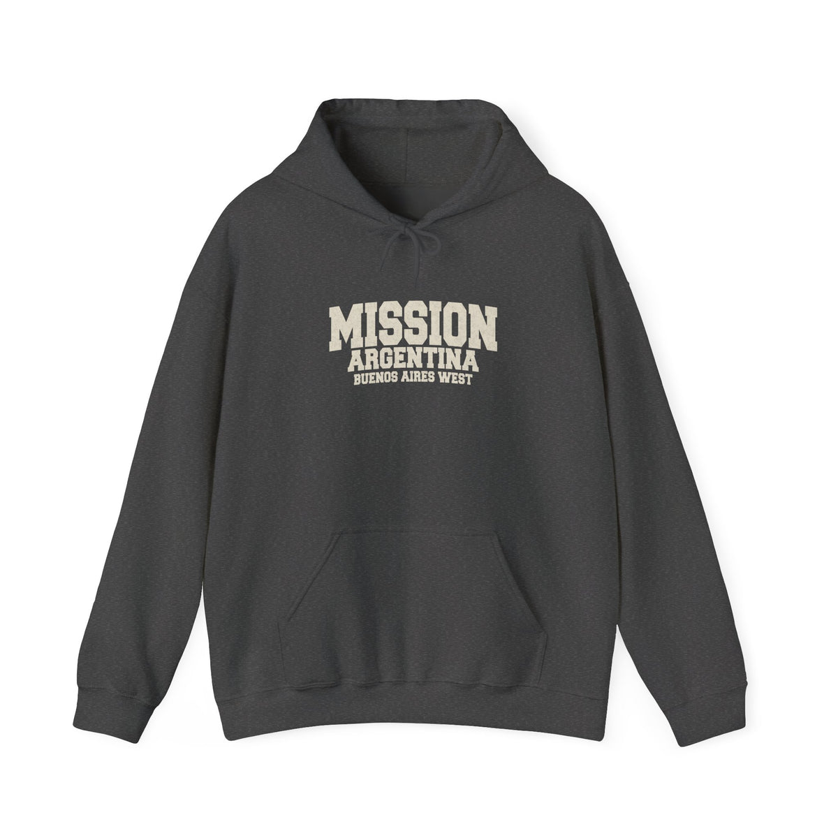 Argentina Buenos Aires West Mission Hoodie in Dark Heather, front view with the varsity mission design