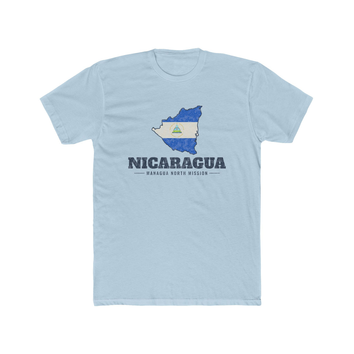 Nicaragua Managua North Mission Flag Map shirt in Desert Pink: flag of Nicaragua in the outline of Nicaragua with navy lettering, front view