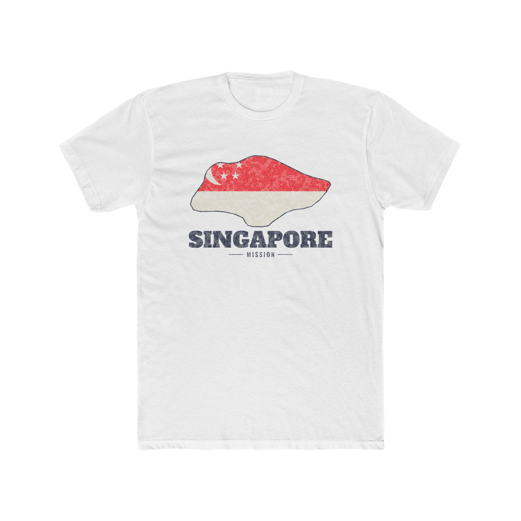 Singapore Mission Flag Map shirt in White: flag of Singapore in the outline of Singapore with navy lettering, front view