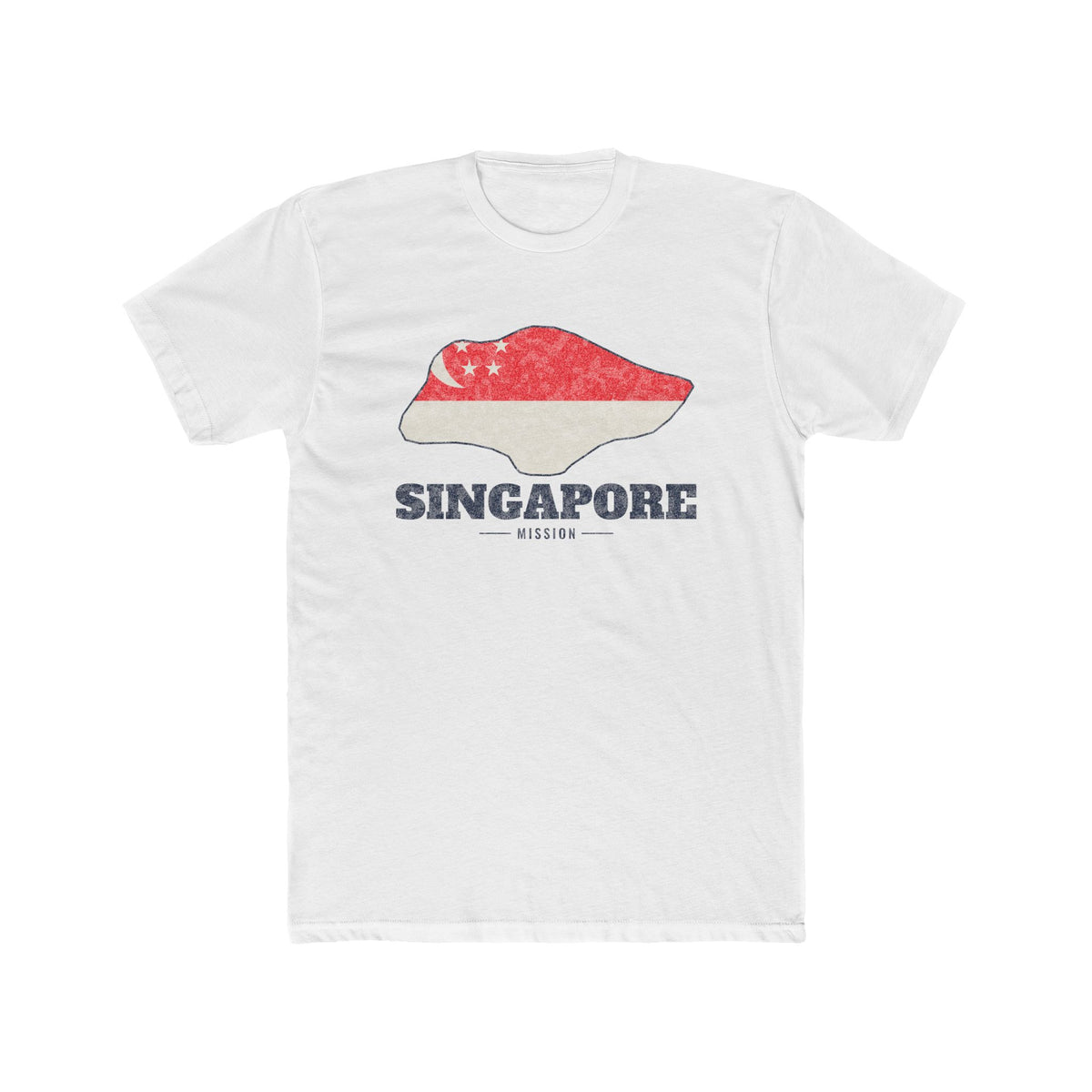 Singapore Mission Flag Map shirt in White: flag of Singapore in the outline of Singapore with navy lettering, front view