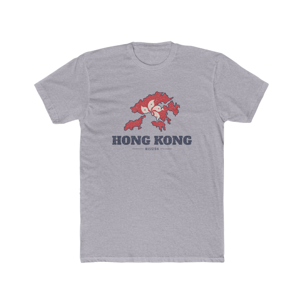 China Hong Kong Mission Flag Map shirt in Heather Grey: flag of Hong Kong in the outline of Hong Kong with navy lettering, front view