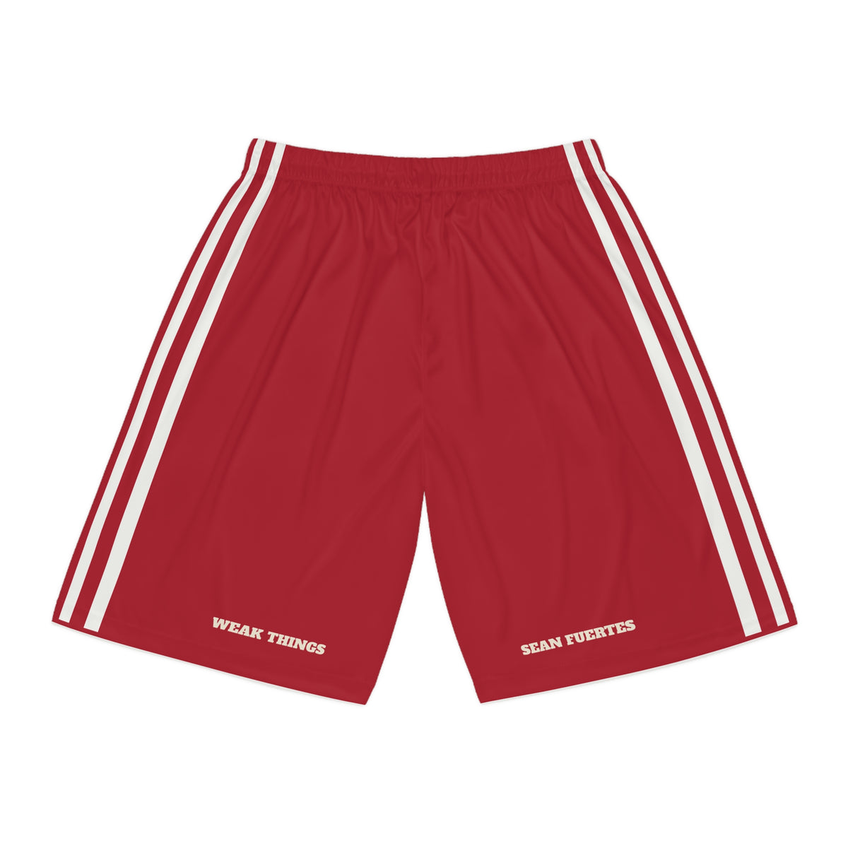 Peru Cusco Mission Basketball Shorts, back view with WEAK THINGS and SEAN FUERTES on the legs