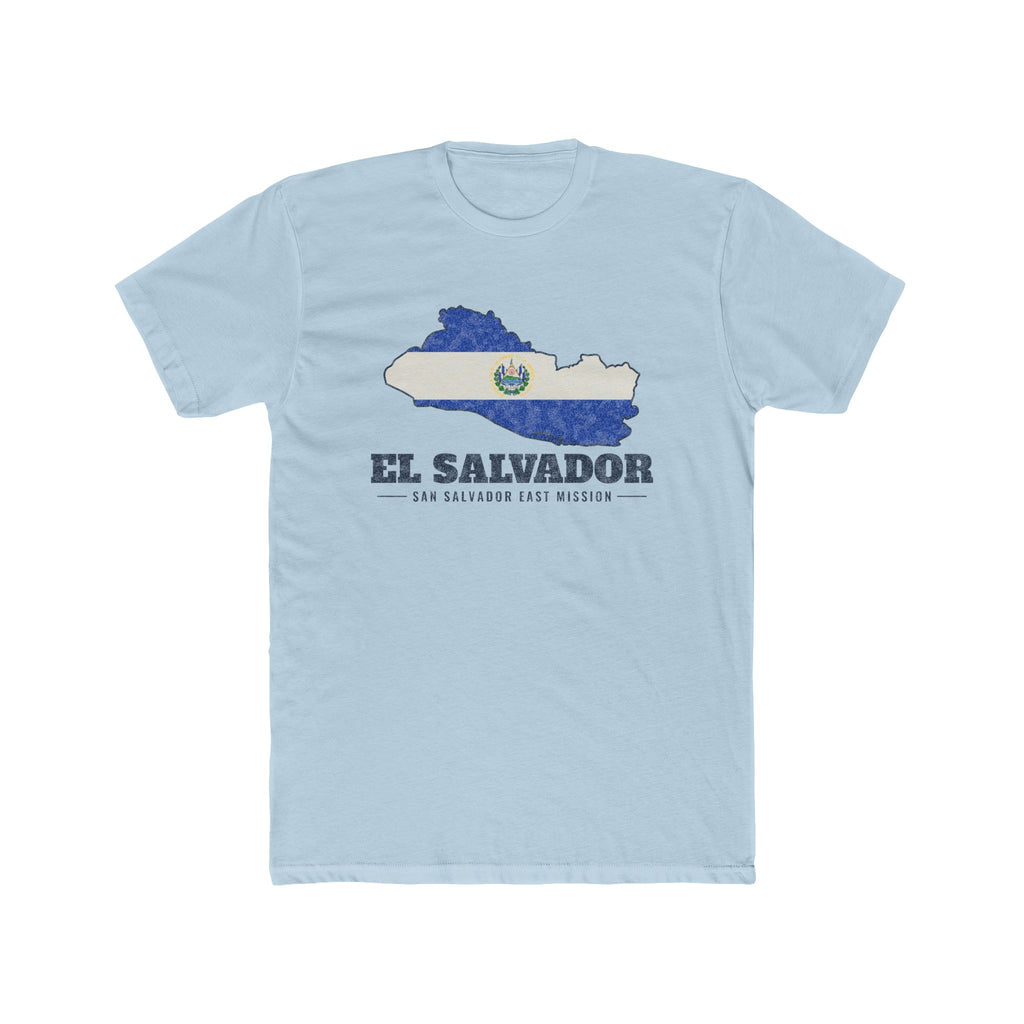 El Salvador San Salvador East Mission Flag Map shirt in Desert Pink: flag of El Salvador in the outline of El Salvador with navy lettering, front view