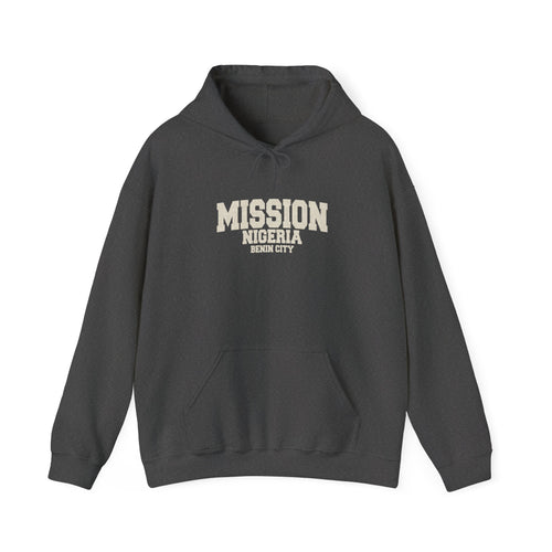 Nigeria Benin City Mission Hoodie in Dark Heather, front view with the varsity mission design
