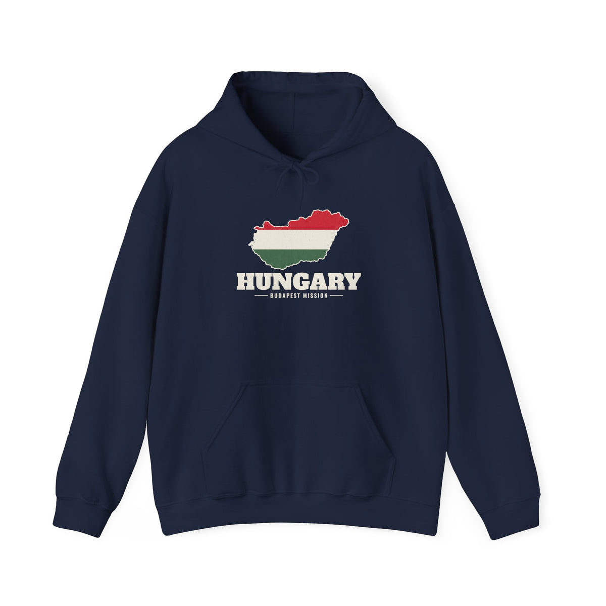 Hungary Budapest Mission Flag Map Hoodie in Navy, front view with the flag map and mission name
