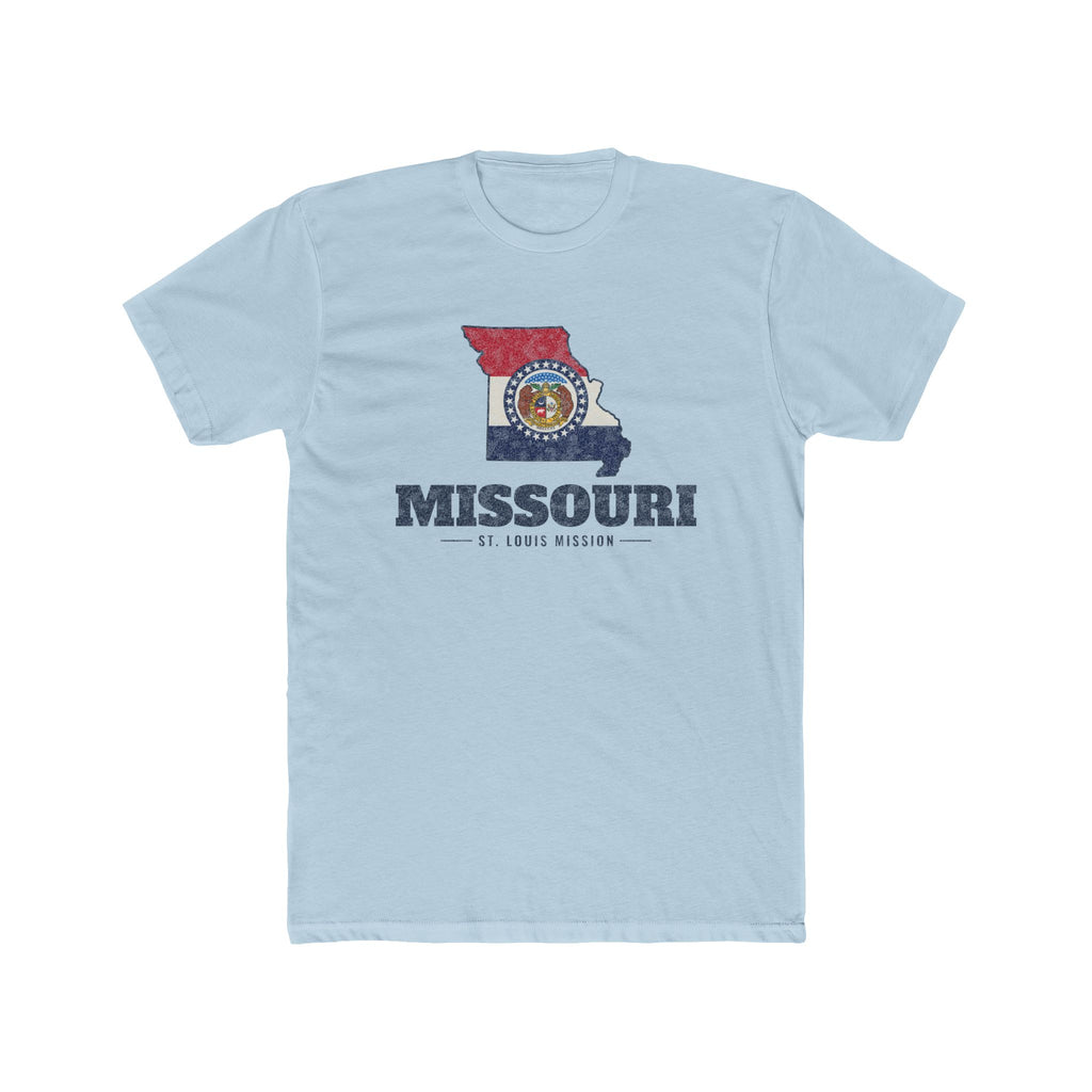 Missouri St. Louis Mission Flag Map shirt in Desert Pink: Missouri state flag in the outline of Missouri with navy lettering, front view