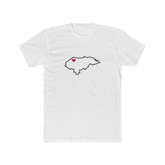 Honduras San Pedro Sula East Mission Heart Map shirt in White: Honduras outline with a red heart, front view