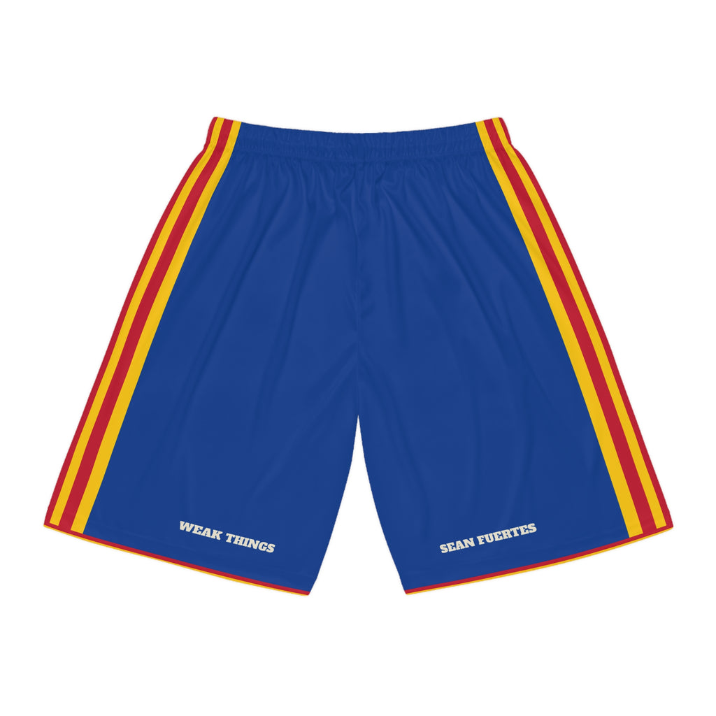 Venezuela Barcelona Mission Basketball Shorts, back view with WEAK THINGS and SEAN FUERTES on the legs