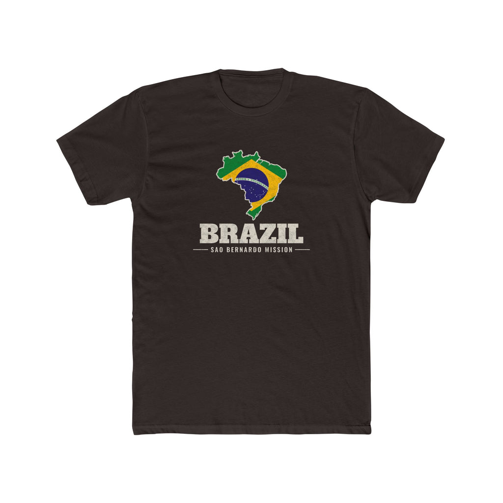 Brazil Sao Bernardo Mission Flag Map shirt in Dark Chocolate: flag of Brazil in the outline of Brazil with cream lettering, front view