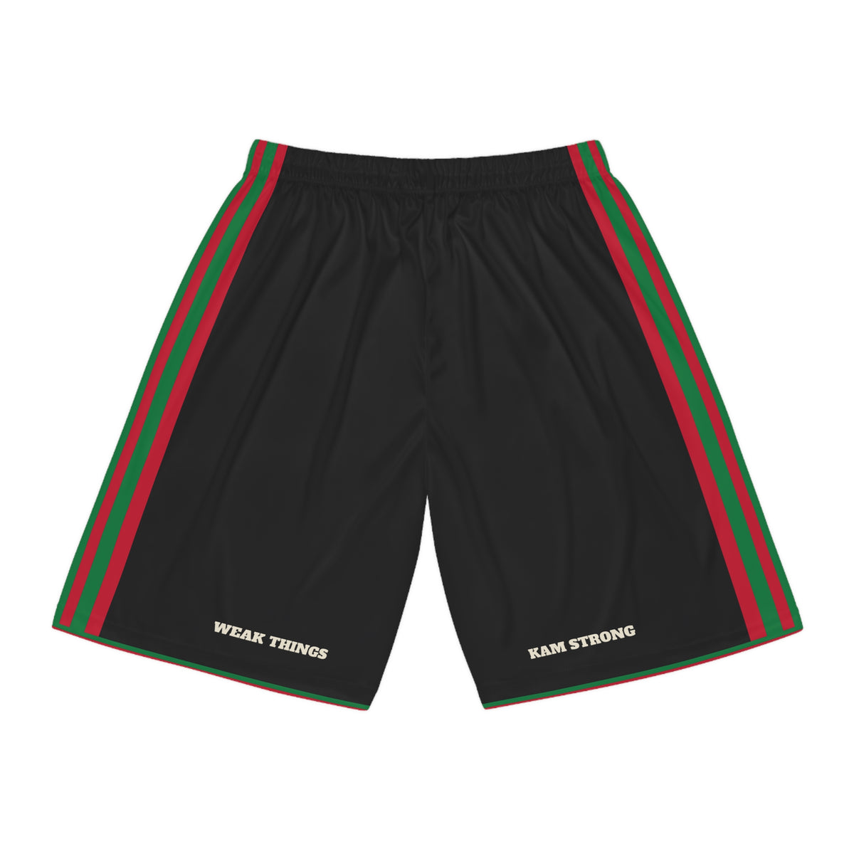 Vanuatu Port Vila Mission Basketball Shorts, back view with WEAK THINGS and KAM STRONG on the legs