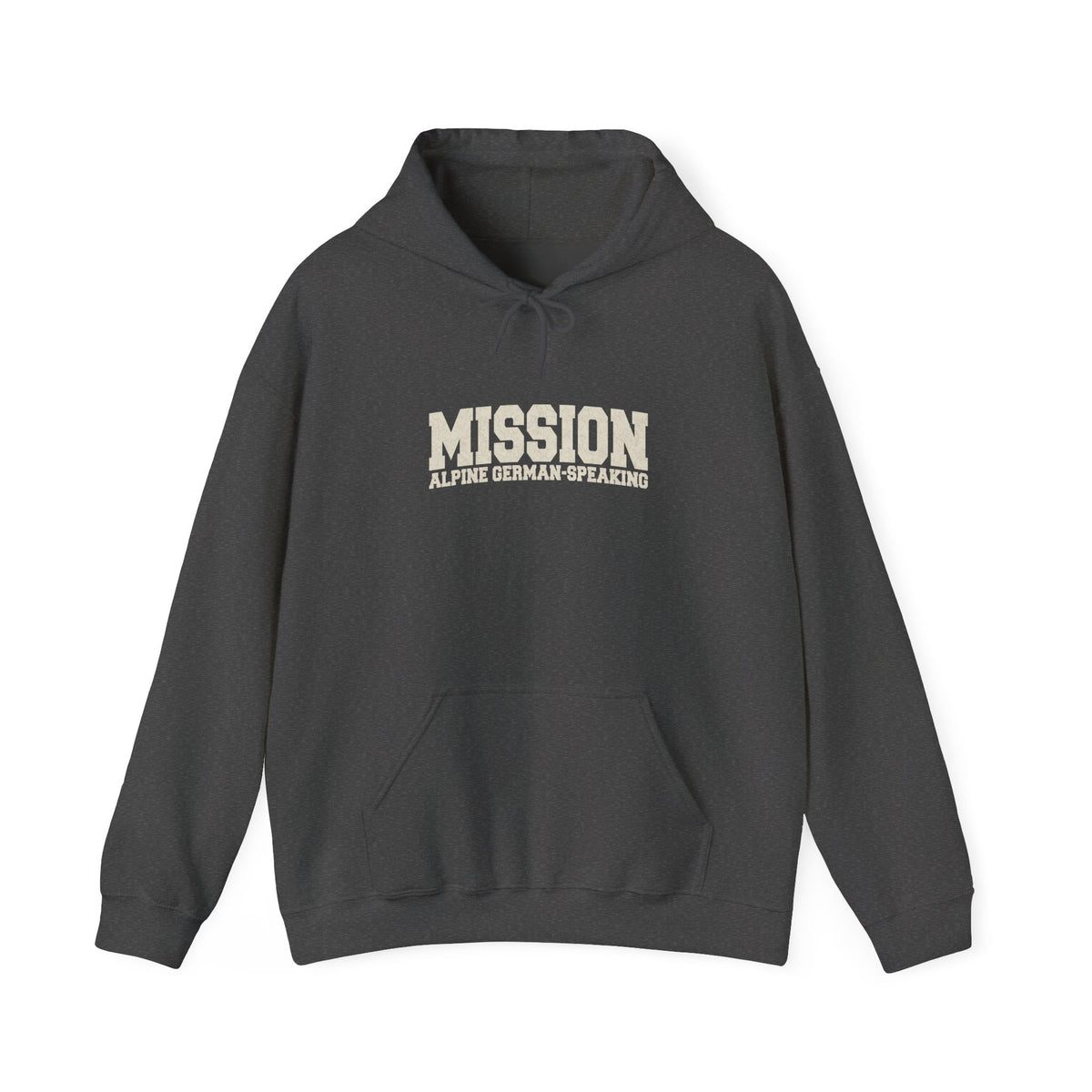 Alpine German-Speaking Mission Hoodie in Dark Heather, front view with the varsity mission design