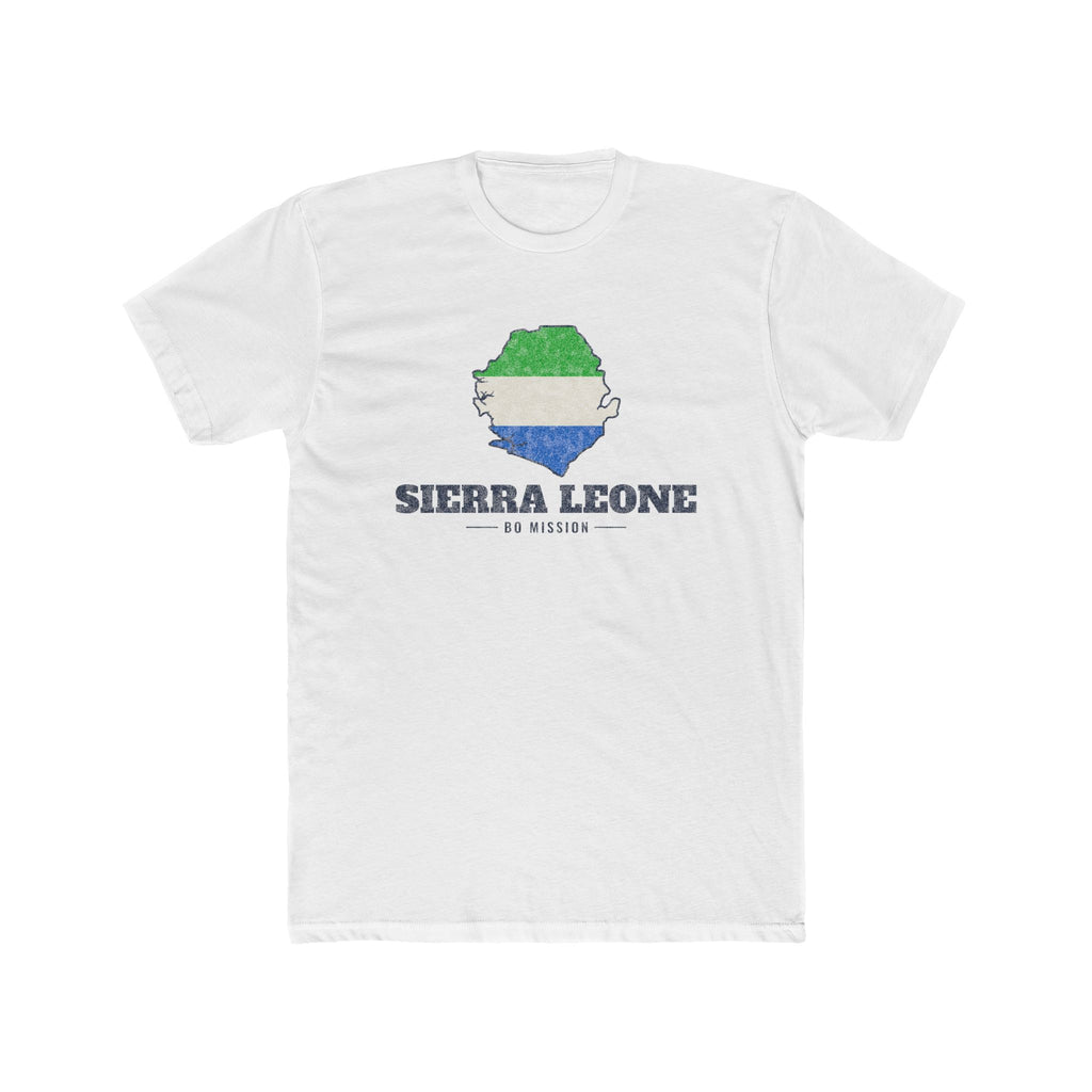 Sierra Leone Bo Mission Flag Map shirt in White: flag of Sierra Leone in the outline of Sierra Leone with navy lettering, front view