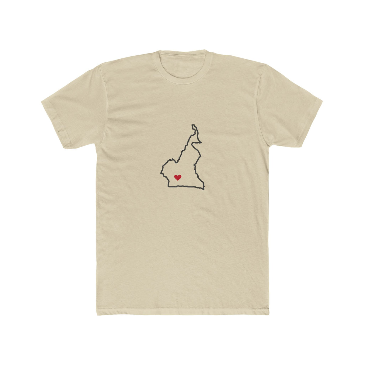 Cameroon Yaounde Mission Heart Map shirt in Cream: Cameroon outline with a red heart, front view
