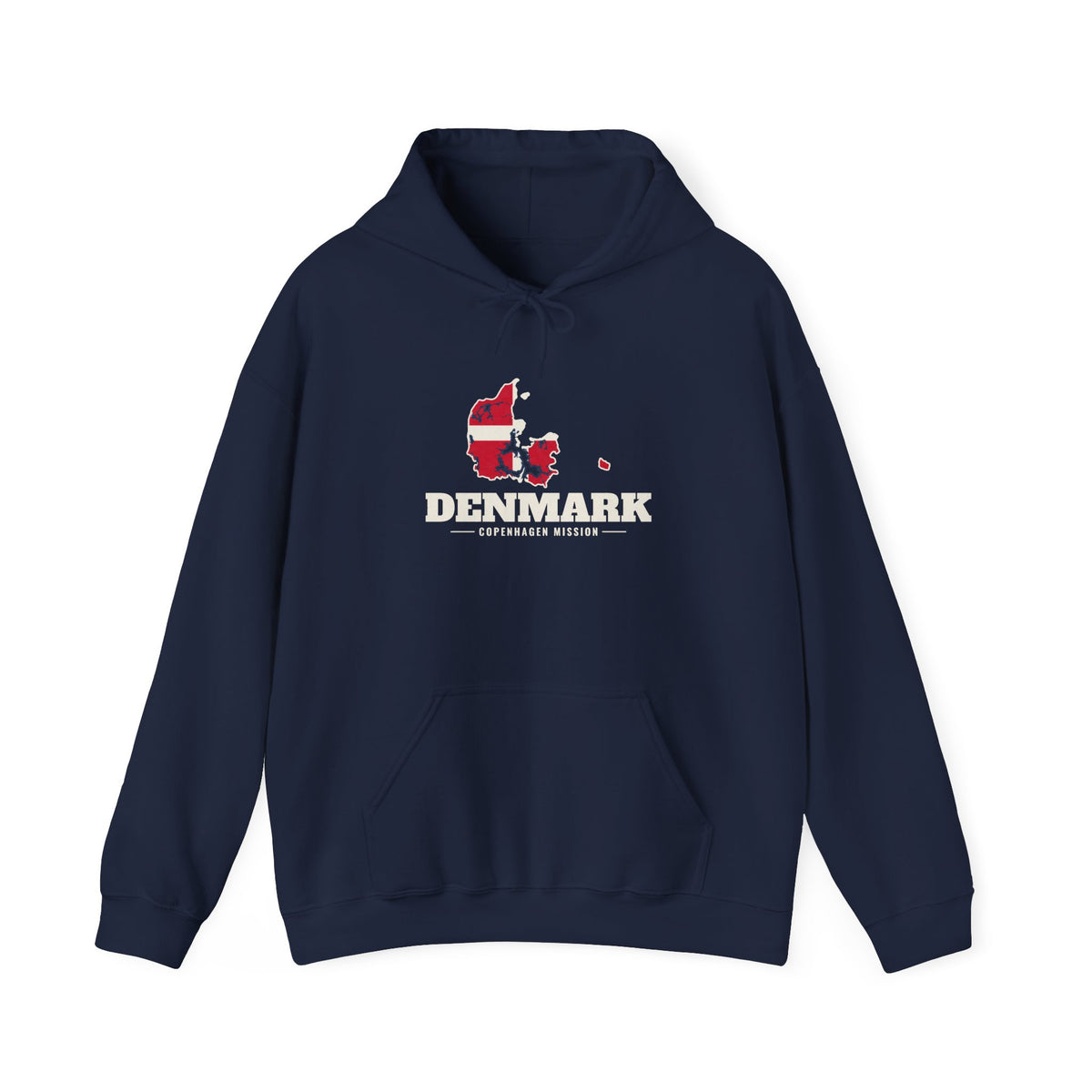 Denmark Copenhagen Mission Flag Map Hoodie in Navy, front view with the flag map and mission name