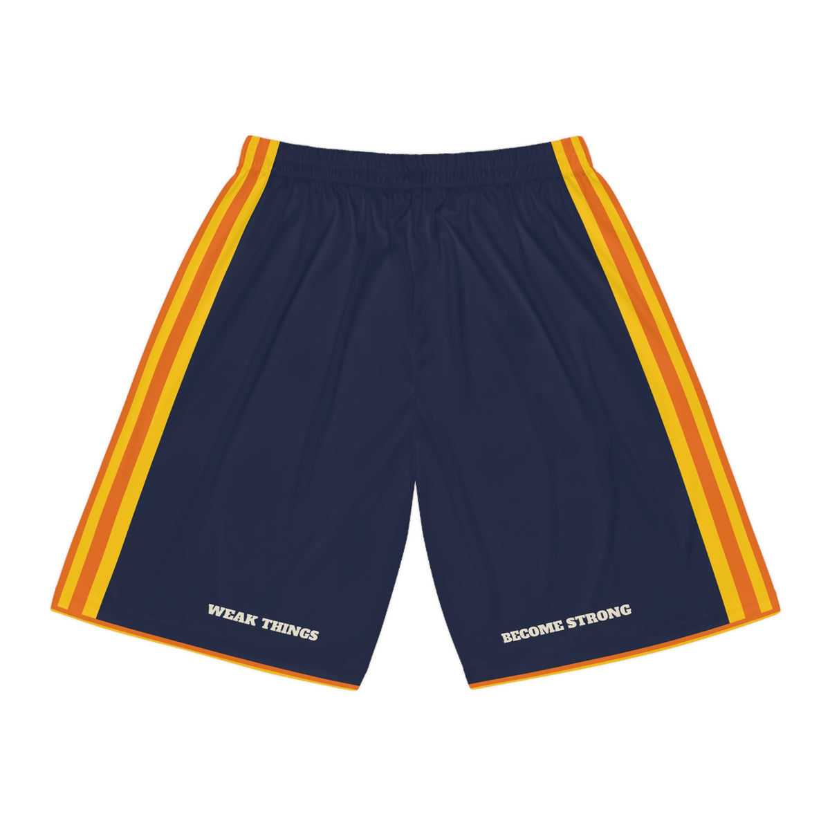 Alaska Anchorage Mission Basketball Shorts, back view with WEAK THINGS and BECOME STRONG on the legs