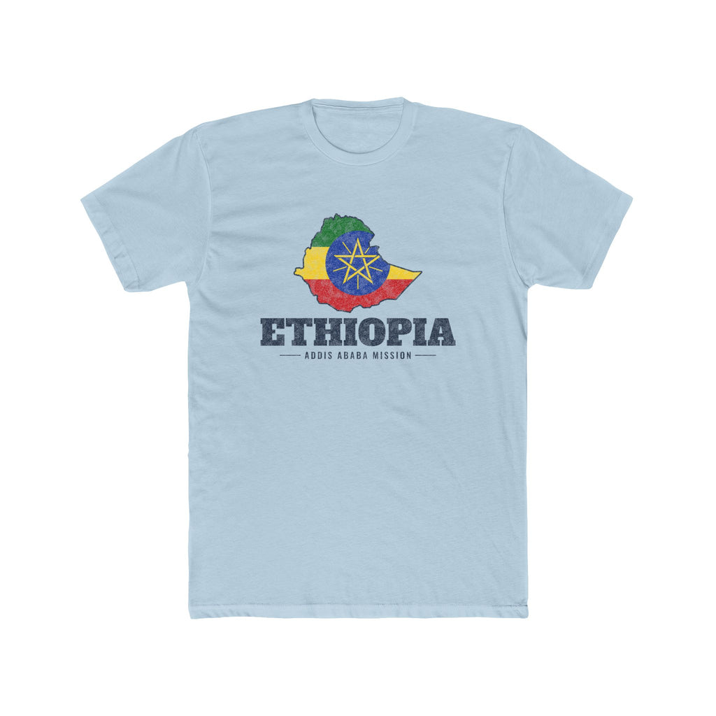 Ethiopia Addis Ababa Mission Flag Map shirt in Desert Pink: flag of Ethiopia in the outline of Ethiopia with navy lettering, front view