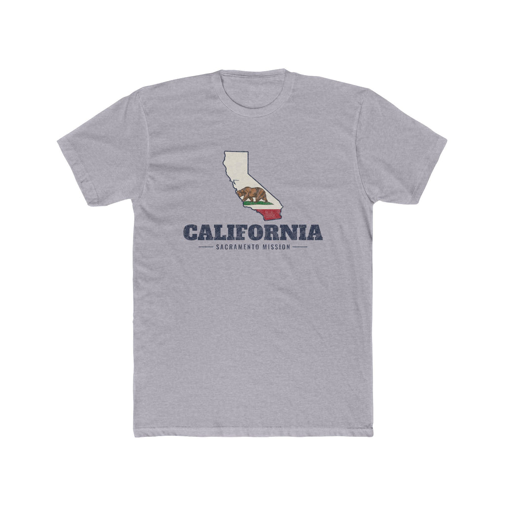 California Sacramento Mission Flag Map shirt in Heather Grey: California state flag in the outline of California with navy lettering, front view