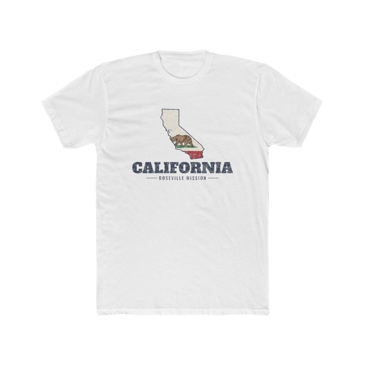California Roseville Mission Flag Map shirt in White: California state flag in the outline of California with navy lettering, front view