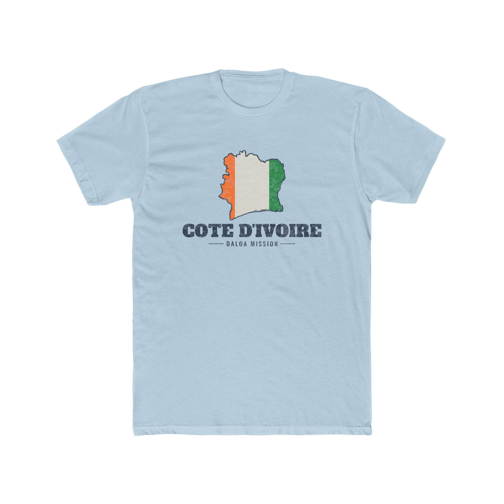 Cote d'Ivoire Daloa Mission Flag Map shirt in Desert Pink: flag of Cote d'Ivoire in the outline of Cote d'Ivoire with navy lettering, front view
