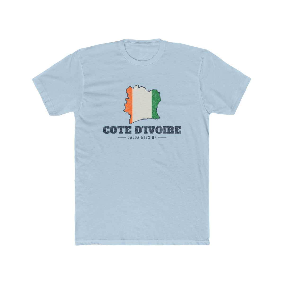 Cote d'Ivoire Daloa Mission Flag Map shirt in Desert Pink: flag of Cote d'Ivoire in the outline of Cote d'Ivoire with navy lettering, front view