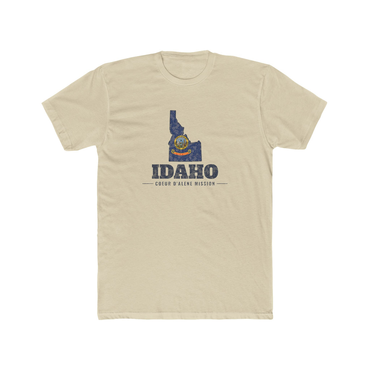 Idaho Coeur d'Alene Mission Flag Map shirt in Cream: Idaho state flag in the outline of Idaho with navy lettering, front view