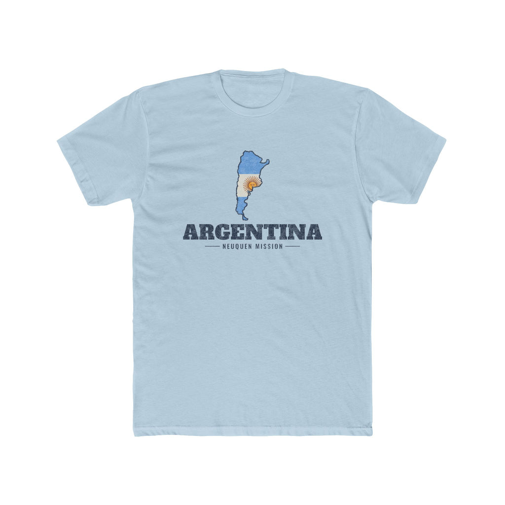 Argentina Neuquen Mission Flag Map shirt in Desert Pink: flag of Argentina in the outline of Argentina with navy lettering, front view