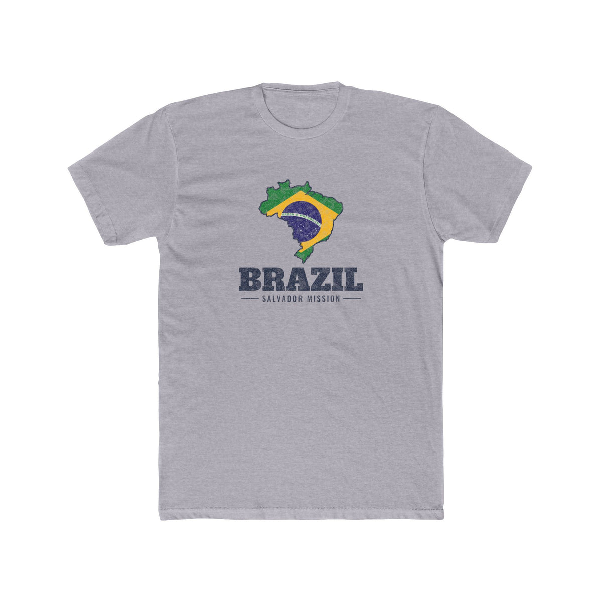 Brazil Salvador Mission Flag Map shirt in Heather Grey: flag of Brazil in the outline of Brazil with navy lettering, front view