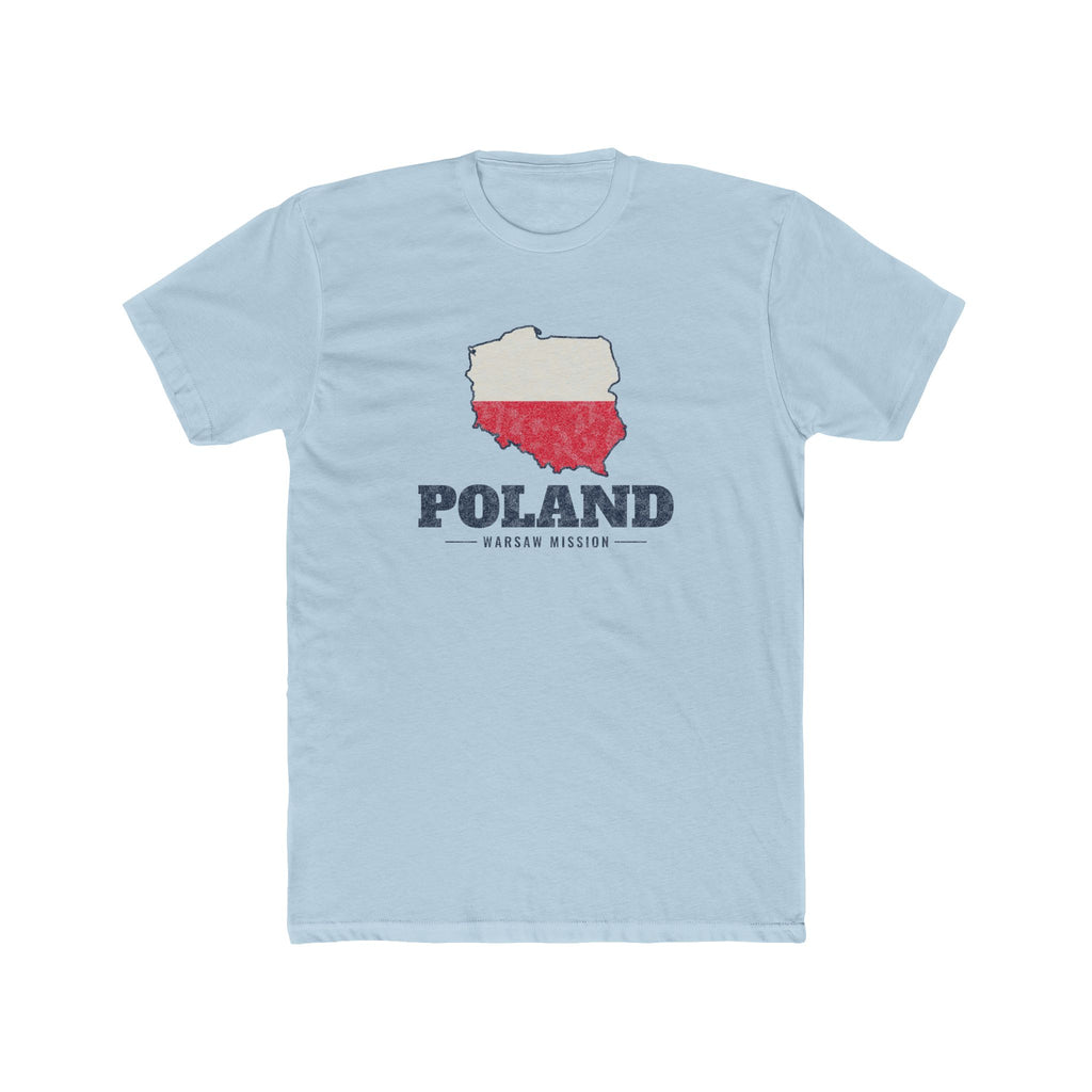 Poland Warsaw Mission Flag Map shirt in Desert Pink: flag of Poland in the outline of Poland with navy lettering, front view