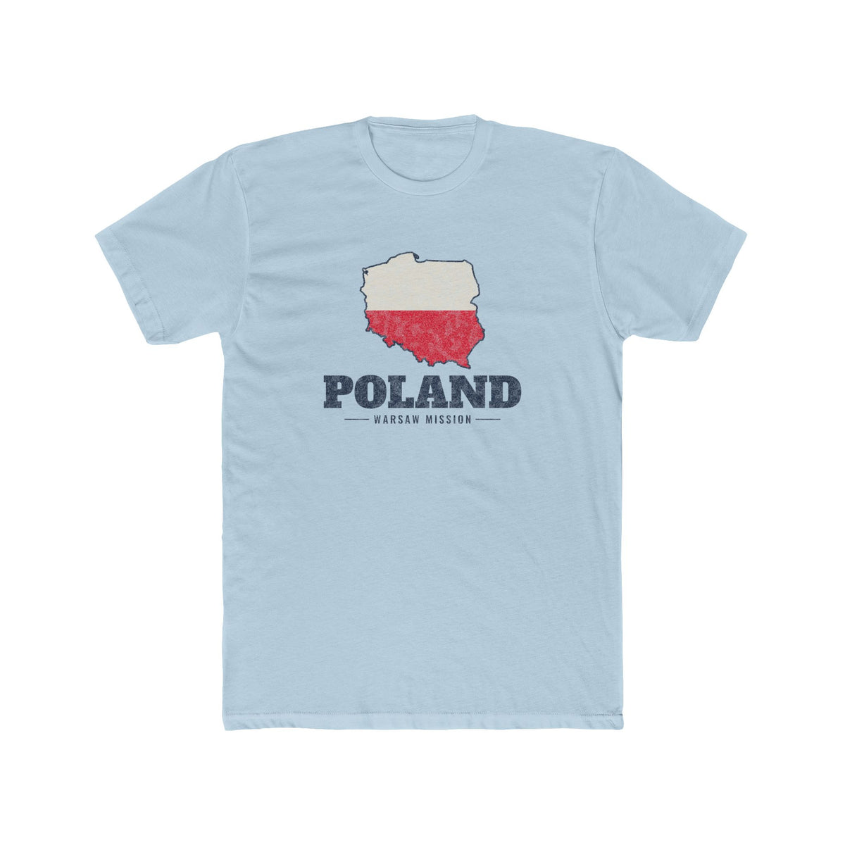 Poland Warsaw Mission Flag Map shirt in Desert Pink: flag of Poland in the outline of Poland with navy lettering, front view